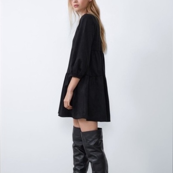 Zara Faux Suede Long Sleeve Ruffle Puff Sleeve Black Dress Size Small - Picture 2 of 6